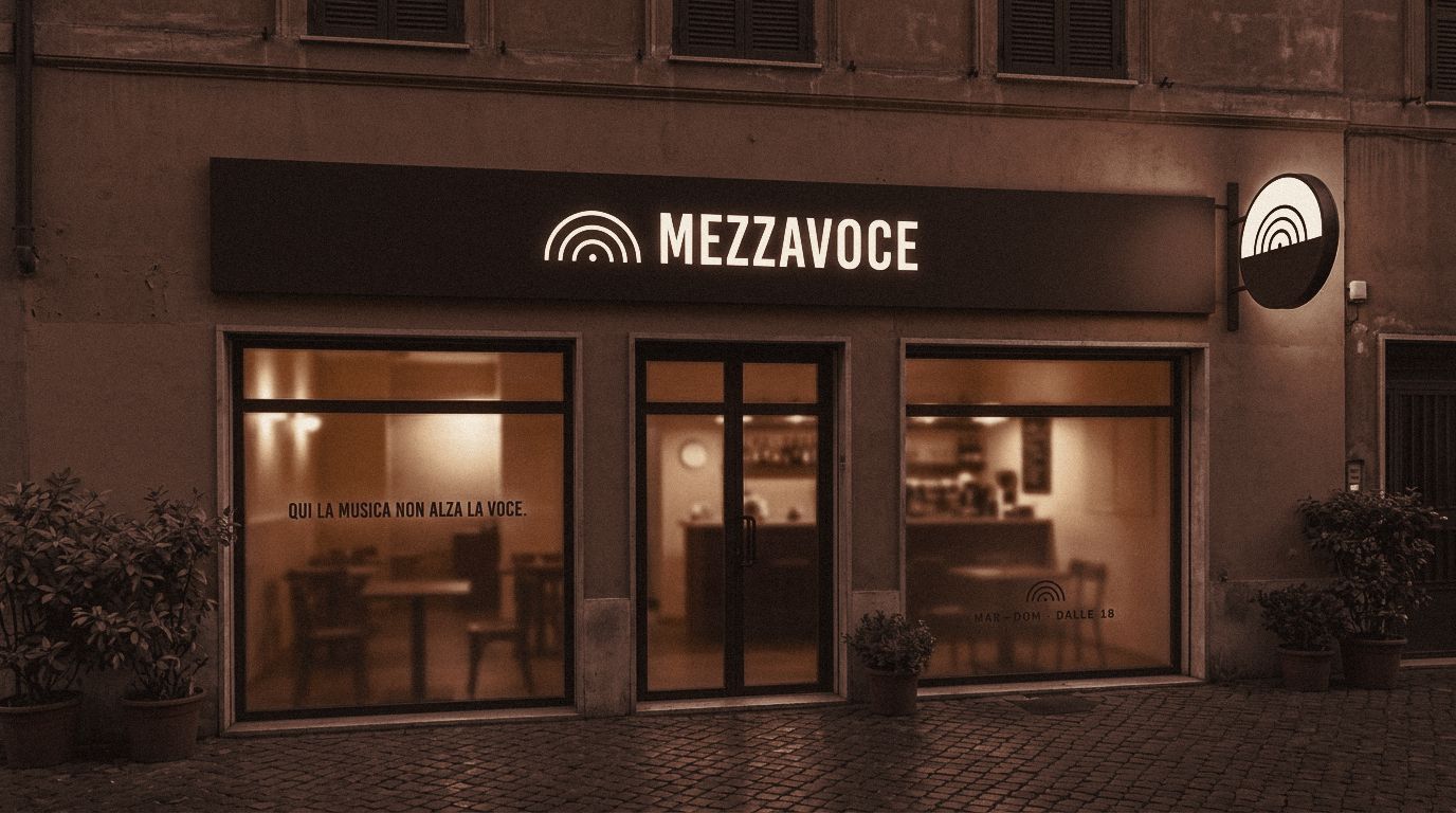 La facciata di Mezzavoce all'ora blu: insegna retroilluminata e bandiera tonda accesa